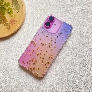Macro detail of transparent iPhone case with colorful gradient resin and gold foil flakes