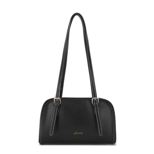 Borsa sottobraccio minimalista in pelle nera con logo dorato e tracolla regolabile