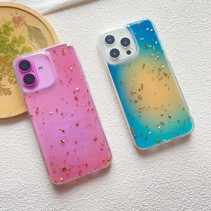Detail of gradient phone cases featuring embedded gold foil flakes for iPhone 16 Pro Max