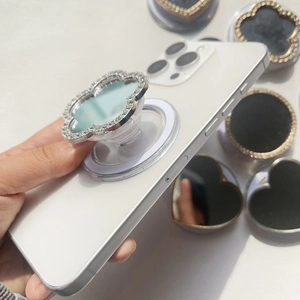 Luxury rhinestone clover mirror phone grip with retractable folding magnetic bracket