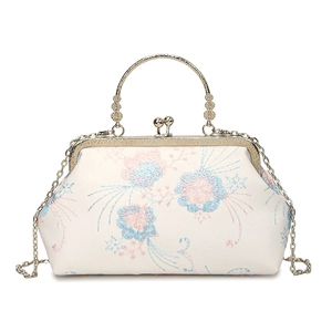 Vintage white floral embroidered handbag with golden bead handle and crossbody chain strap