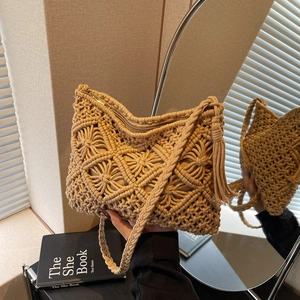 Handmade Woven Cotton Rope Crossbody Bag For Women Hollow Out Macrame Bucket Bag With Tassels Bohemian Vacation Style