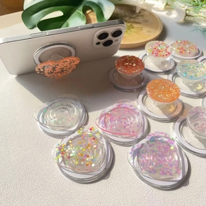 Glitter heart and round expanding phone grip stand with colorful sequins and liquid resin