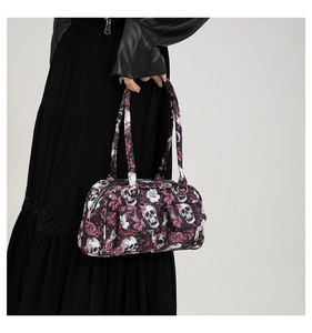Gothic skull and pink rose print shoulder bag with front pockets and long dual straps