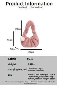 Detailed size specifications of pink plush dumpling handbag with white fur ball charm