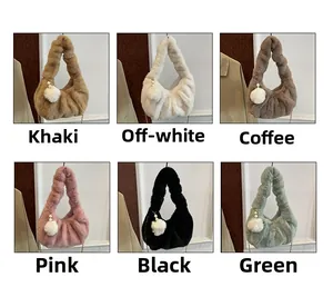 Collage of plush dumpling bags in six colors with faux fur texture and pearl charms