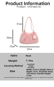Detail view of pink plush tote bag with pearl pendant and dual strap design features