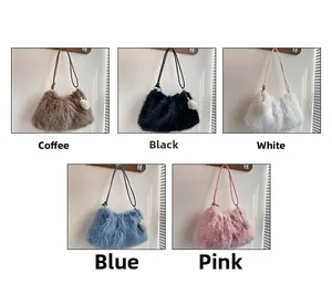 Plush shoulder bags in brown, black, white, blue, and pink with fluffy pompom charms
