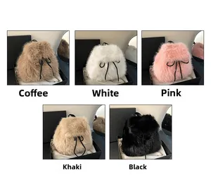 Plush drawstring backpacks in five colors with bow detail for winter fashion