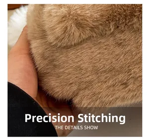 Macro view of brown plush bag texture featuring precision stitching and faux fur finish