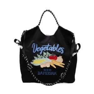 Sac fourre-tout noir en nylon avec broderie de légumes et bandoulière tressée