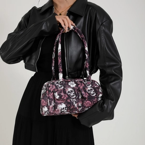 Y2K gothic shoulder bag with pink rose and skull patterns, dual pockets and metal hardware
