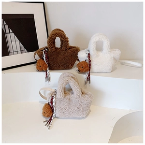 Plush bucket bags in brown white and apricot with cute dog charms and leather straps