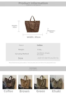 Detailed chart showing size and dimensions of large leopard print canvas tote bag