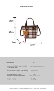 Detailed size specifications of the pink plaid tote bag showing dimensions and measurements
