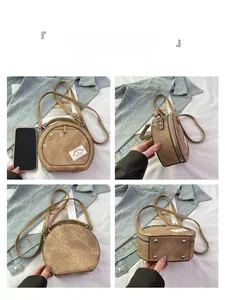 Detailed views of a round brown crossbody bag showing its texture, seams and bottom studs