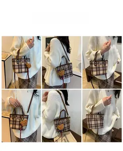 Detail shots showing the plaid wool shoulder bag worn as a handbag and crossbody bag