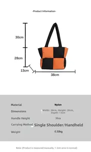 Size chart and dimensions for the large bicolor checkered nylon shoulder tote bag