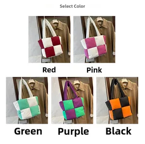 Detailed grid view of quilted puffer tote bags in five vibrant checkered color patterns