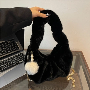 Women Faux Fur Cloud Hobo Bag Plush Dumpling Shoulder Handbag With Metal Chain And Artificial Pearl Pom Pom Charm Elegant Winter