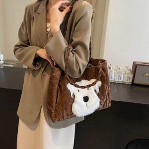 Brown pleated tote bag with cute white schnauzer dog patch for casual daily commute wear