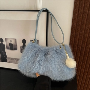 Faux Fur Shoulder Bag Women Plush Handbag Niche Design Urban Simple Style With Pompom Artificial Pearl Charm Autumn Winter