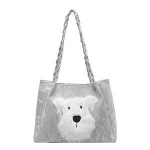 Light gray women's tote bag with pleated texture and cute puppy patch embroidery
