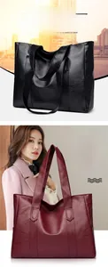 Detailed view of large litchi grain PU leather tote bag in black and burgundy colors