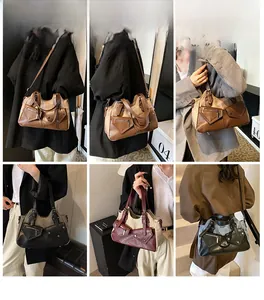 Collage of multi-pocket vintage leather tote bags in various colors on models