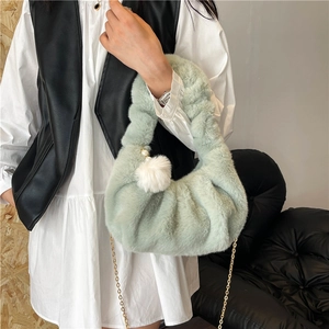 Sweet French light green plush dumpling bag with pearl charm and gold chain strap