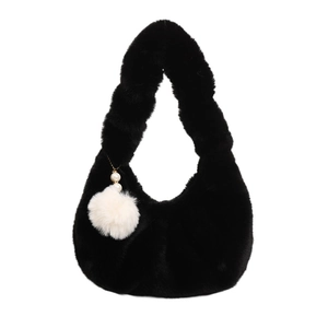 French style black plush dumpling bag with white pompom and pearl chain strap