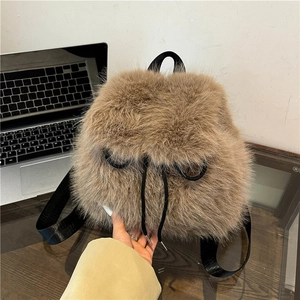 Faux Fur Plush Backpack Drawstring Closure Korean Style Winter Fashion Handheld School Travel Bag For Women