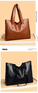 Detail view of premium large PU leather tote bags in classic brown and black colors