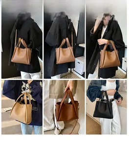 Litchi pattern leather tote bag details showing brown and black colors with crossbody strap