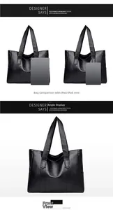 Large black PU tote bag size comparison with iPad showing spacious interior capacity