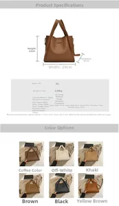 Detailed size chart and multi-color specifications for the large capacity PU bucket bag