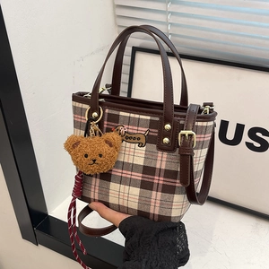 Plaid Bucket Bag Woolen Fabric PU Leather Handbag Crossbody With Dog Embroidery And Plush Bear Charm Retro For Women