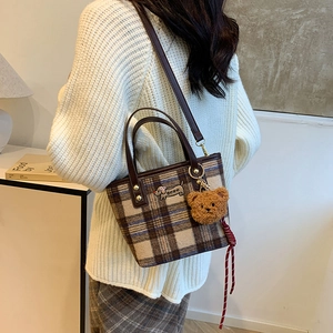 Plaid wool crossbody bag with puppy embroidery and plush bear charm for women