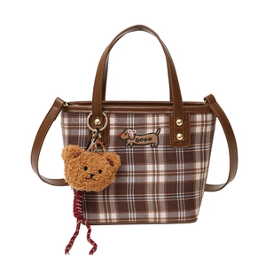 Plaid woolen crossbody bag with a cute puppy embroidery and plush bear charm decoration