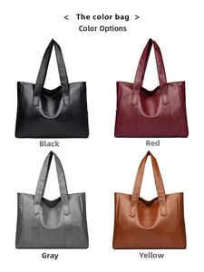 Detailed color selection showing black, wine red, gray and yellow leather tote bags