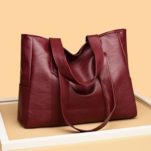 Minimalist burgundy PU leather tote bag with lychee texture and large capacity