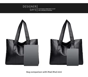 Size comparison of two black PU leather tote bags with iPad for scale reference