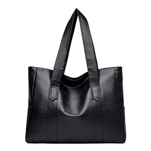 Minimalist black PU leather tote bag with large capacity and textured pebble grain finish