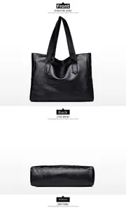 Front and bottom views of a black large capacity PU leather tote bag with dual handles