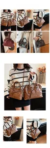 Detail view of retro tote bags in various sizes and earthy tones with metal hardware