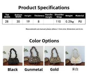 Guide des tailles et dimensions du sac nuage plissé montrant quatre options de couleur