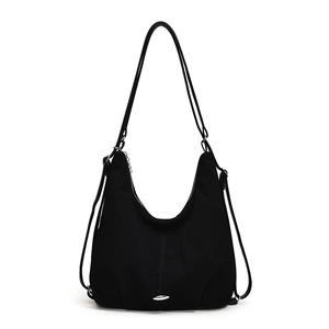 Minimalist black canvas Hobo tote bag with adjustable shoulder strap and silver metal detail
