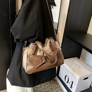 Vintage color-block tote bag in brown leather and canvas for casual daily commuting