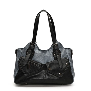 Retro large capacity tote bag featuring black leather and gray washed canvas patchwork