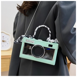 Detail of camera-shaped mint green crossbody bag with clear window and feathers